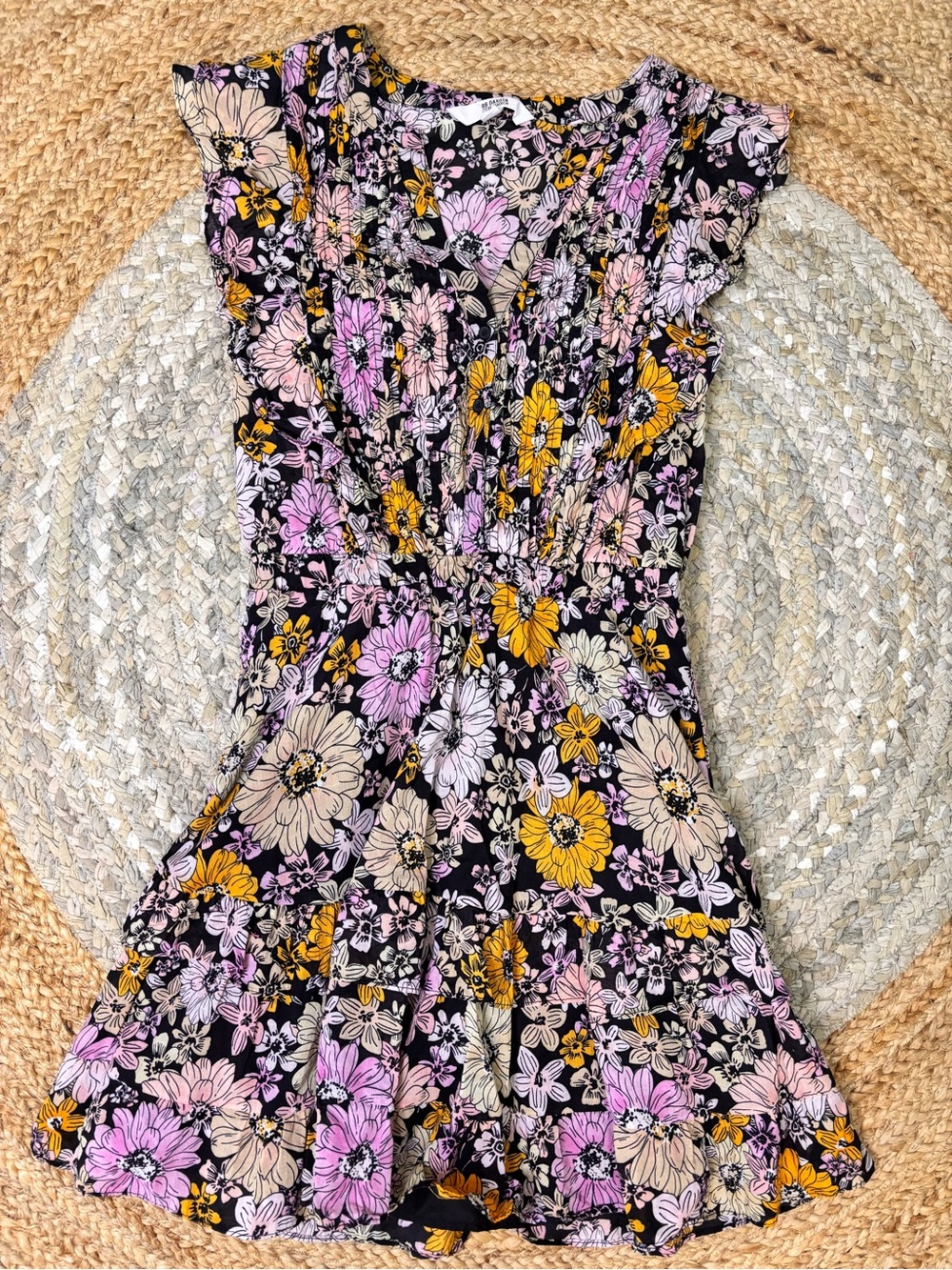 BB Dakota by Steve Madden Black Floral Midi Dress — Yellow, Pink, Cream